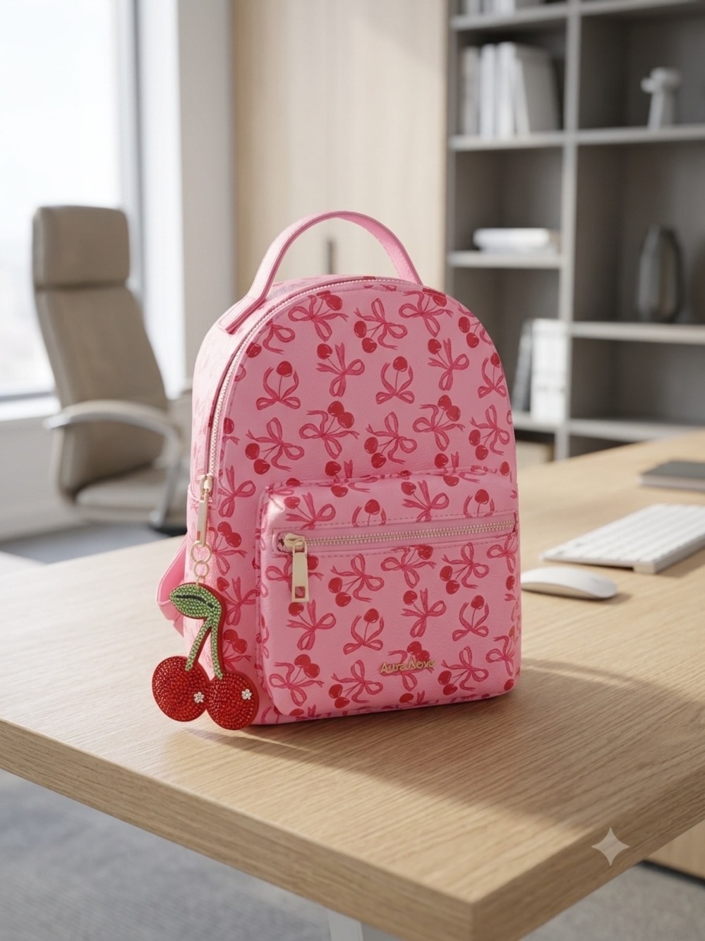 New Cherry Pink Mini Backpack Purse NWT With Cherry Rhinestone Bag Charm - Picture 2 of 5